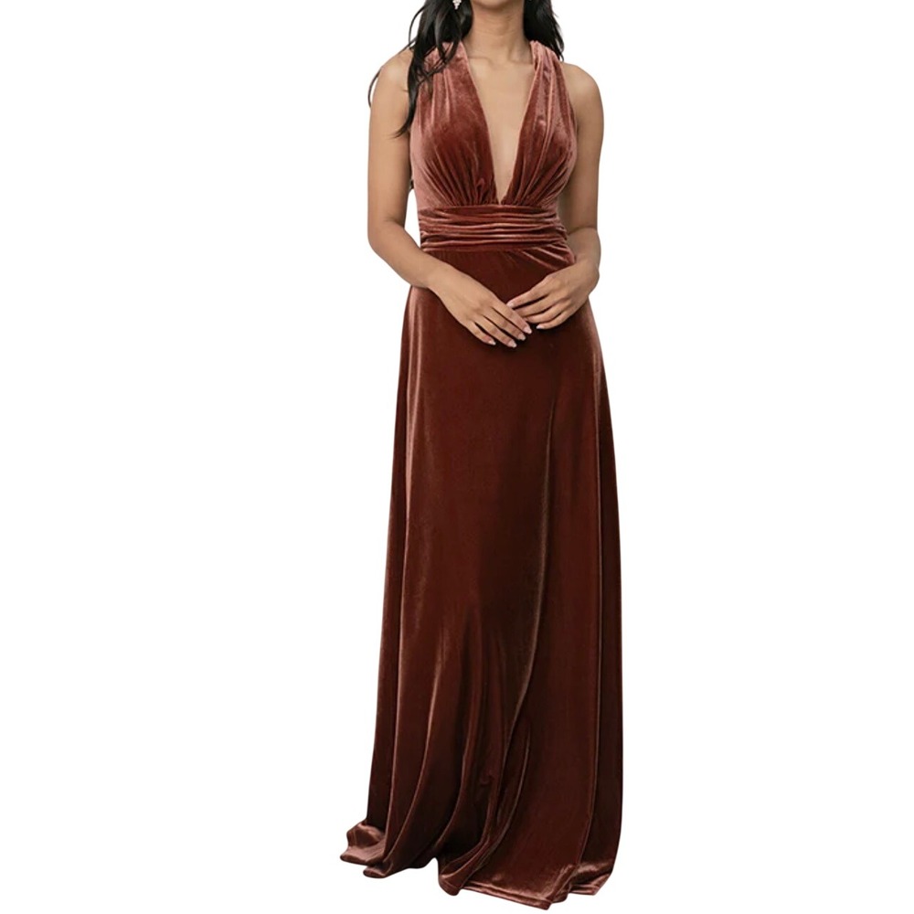 Revelry‎ Terracotta Rust Velvet Plunging V-Neck Open Back Maxi Dress Size 10